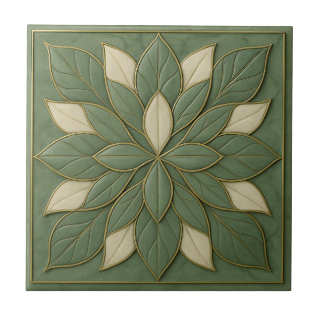 Sage Petal Harmony - Artisan Blommigt Ceramic Tile Kakelplatta (Framsidan)