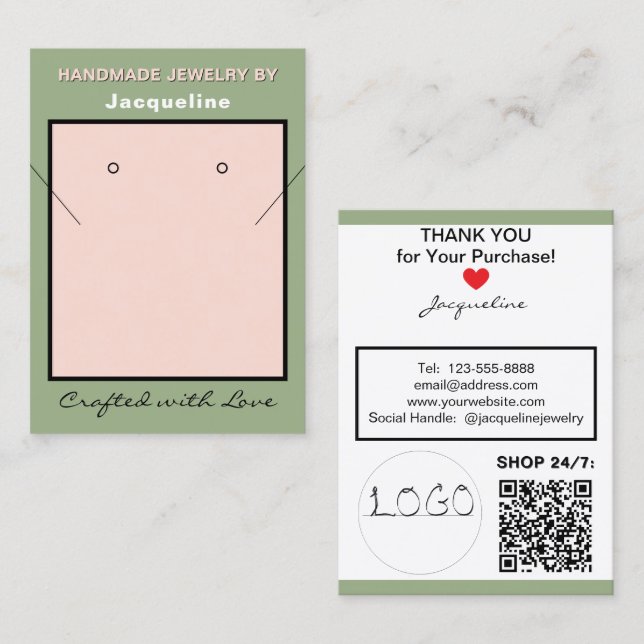 Sage Pink Necklace Earrings Logo Website QR Code Visitkort (Fram/baksida)