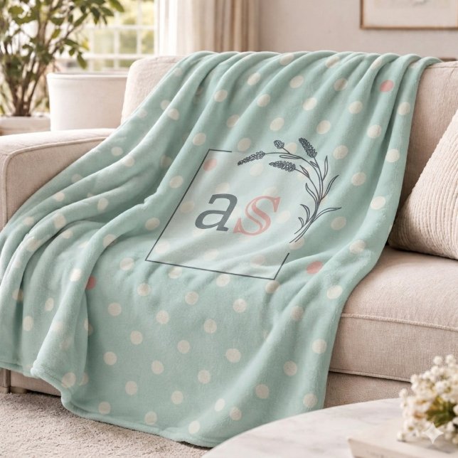 Sage Polka Dot Monogram Kastylt Elegant Bröllopsgå Fleecefilt (Skapare uppladdad)
