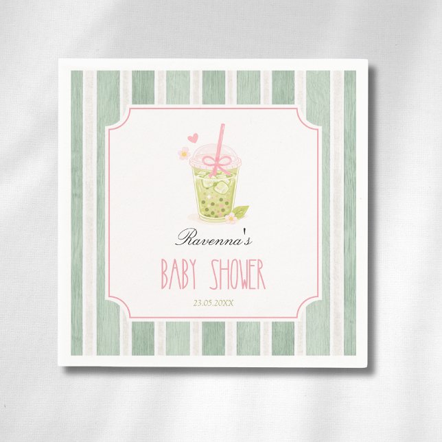 Sage-randig Matcha Bubble Tea Flicka Baby Shower Pappersservett (Skapare uppladdad)