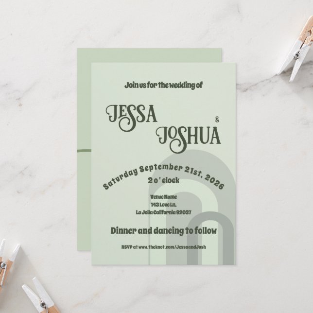 Sage Retro Funky Disco Bröllop - djärv modern Roli Inbjudningar (Fram/Back In Situ)