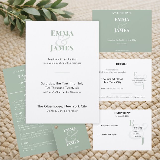 Sage Reverse Minimalist Bröllop | QR-kod Elegant Meny (Reverse sage horizontal menu featuring clean minimalist typography for soft elegance.)