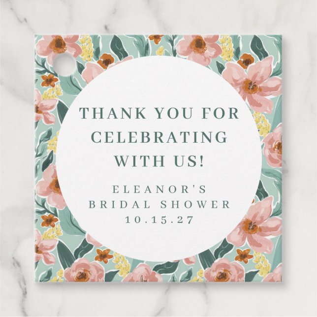Sage Rosa Blommig Bröllopsfest Anpassad Tack Gåvor Etiketter (Framsida)