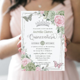 Sage Rosa Blommigt Butterflies Silver Quinceanera Inbjudningar