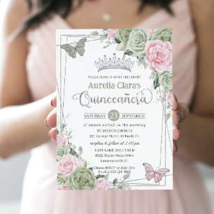 Sage Rosa Blommigt Butterflies Silver Quinceanera Inbjudningar