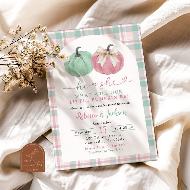 Sage Rosa Ginham Preppy Pumpkin Gender Reveal Inbjudningar (Skapare uppladdad)