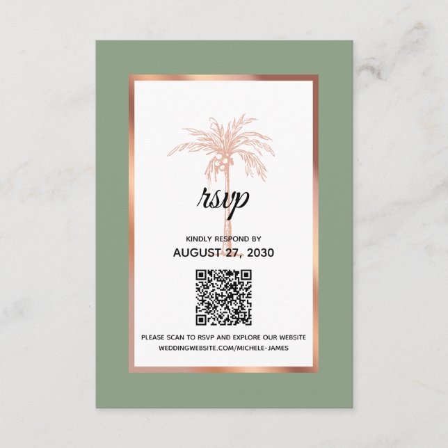 Sage Rose Guld Koppar Palmträd QR-kod Bröllop OSA Kort (Framsida)