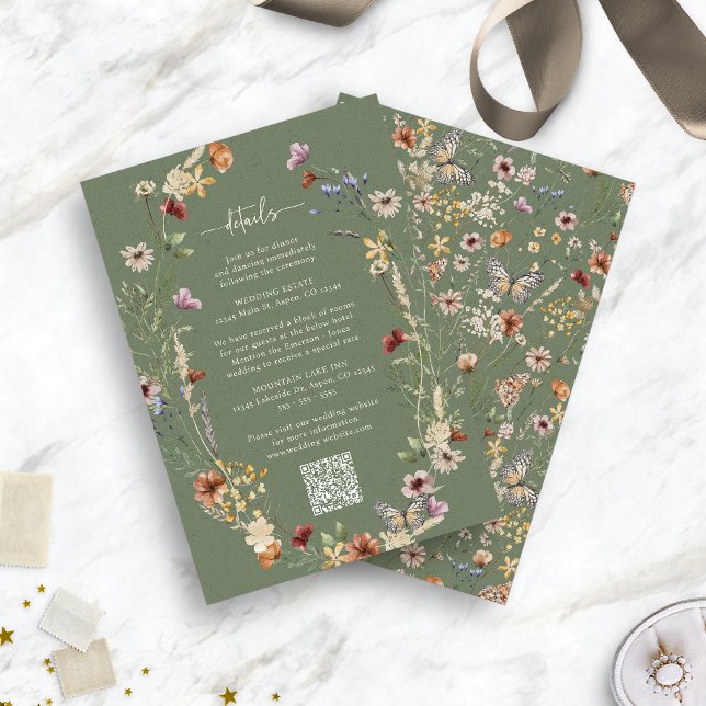 Sage Rustic Boho Wildblomma Injektionskort Tilläggskort (Sage Green Rustic Boho Wildflower Enclosure Card QR Code by Painted Paperie
)
