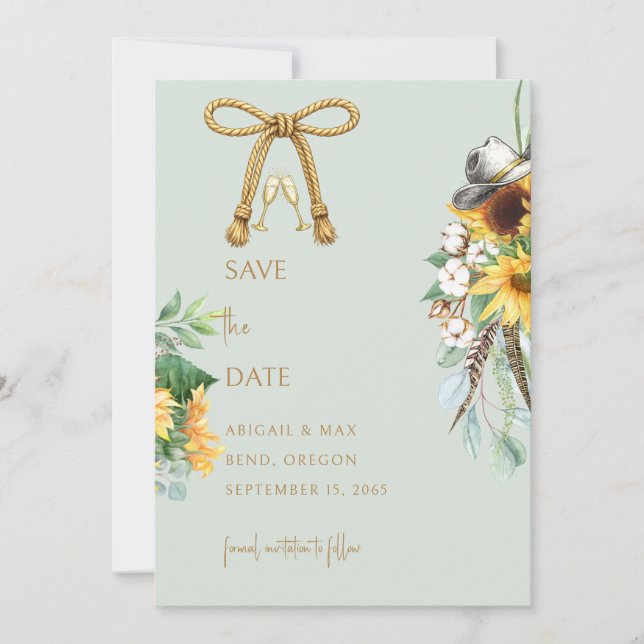 Sage Rustic Cowboy Sunflower Wedding Save the Date Spara Datumet (Framsida)