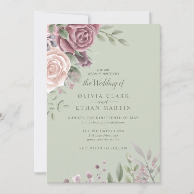Sage Rustic Dusty Ro Watercolor Boho Flowers Inv Inbjudningar (Framsida)