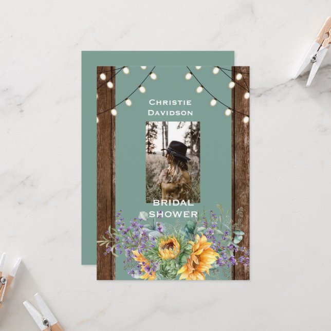 Sage Rustic Solros Photo Ljus Möhippa Inbjudningar (Fram/Back In Situ)