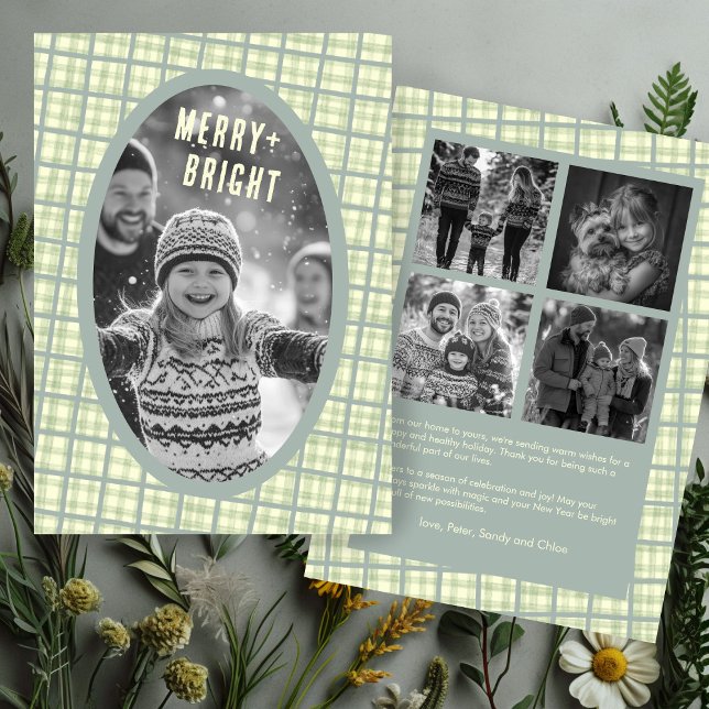 Sage-rutig randig jul anpassad fotokollage julkort (Sage Plaid Gingham Christmas Custom 5 Photo Collage Holiday Card
)