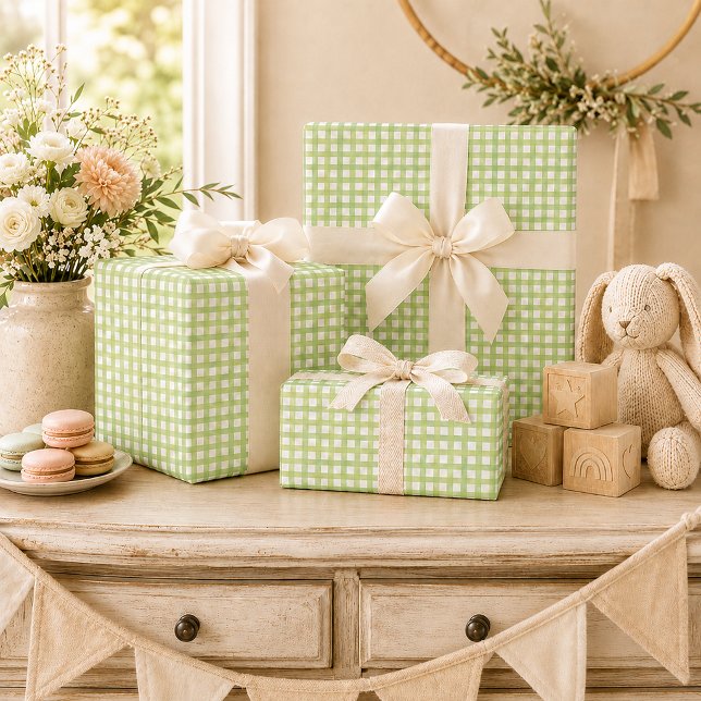Sage-rutigt presentpapper för baby shower (gift wrap)