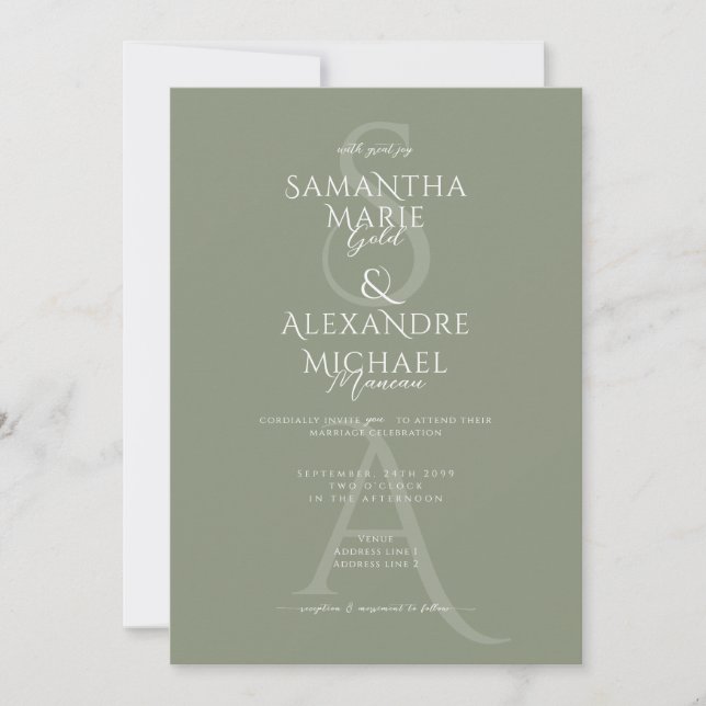 Sage Script Divine Contemporary Monogram Bröllop Inbjudningar (Framsida)