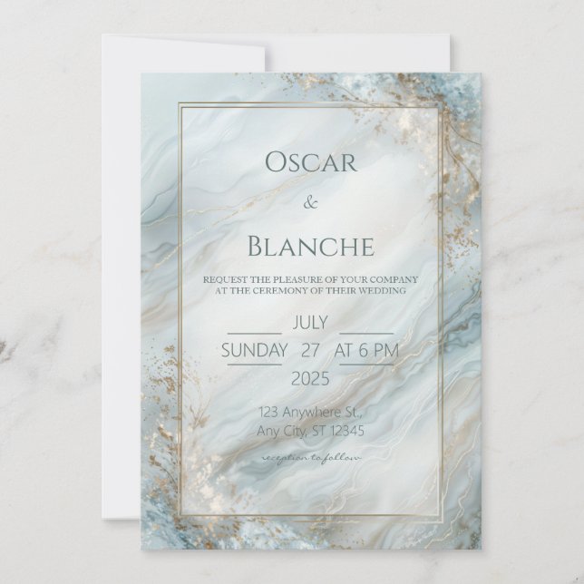 Sage Seafoam Gold Foil Marble Wedding Inbjudningar (Framsida)