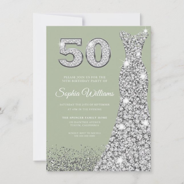 Sage & Silver Gown 50:e Födelsedagsfesten Inbjudningar (Framsida)