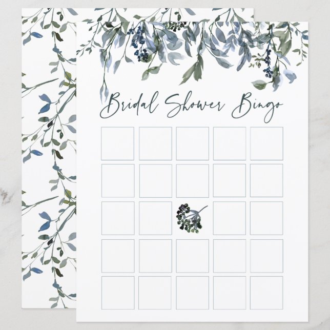 Sage Silver Grön Blommig Bröllopsdusch Bingo (Fram/baksida)