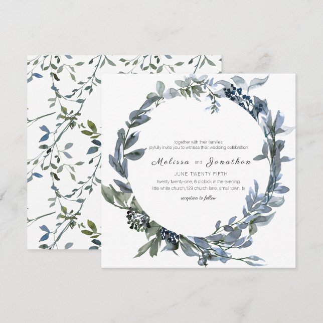 Sage Silver Grön Blommig Bröllopsinbjudan (Fram/baksida)