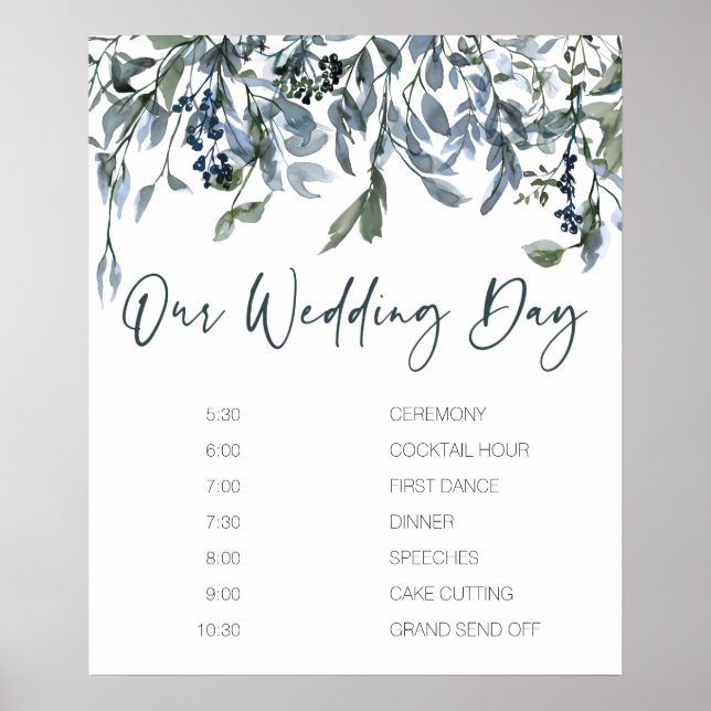 Sage Silver Grön Blommig Bröllopsschemaaffisch Poster (Framsidan)