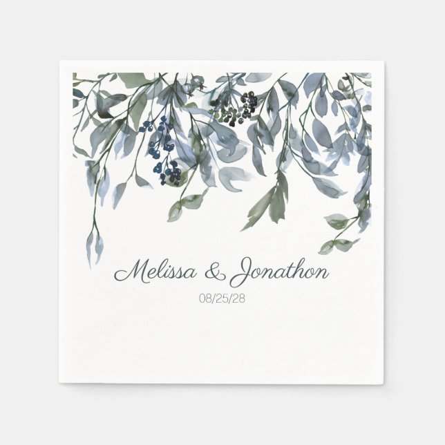Sage Silver Gröna Blommiga Bröllopsservetter Pappersservett (Framsidan)