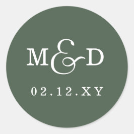 Sage Simple Modern Monogram Bröllop Runt Klistermärke