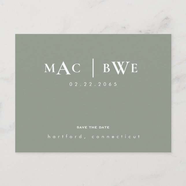 Sage Simple & Sleek Monogram Spara Datum Vykort (Framsida)