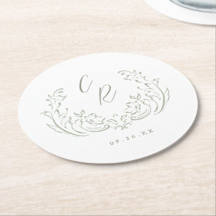 Sage Sketched Vintage Flourish Bröllop Monogram Underlägg Papper Rund