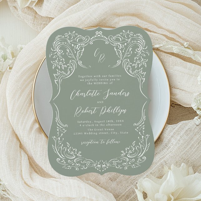 Sage Sketched Vintage Flourish Monogram Bröllop Inbjudningar (Sage Sketched Vintage Flourish Monogram Wedding Invitation)