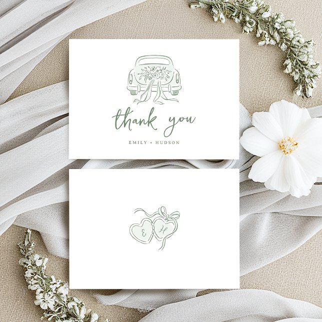 Sage Skissade Nygifta Bil Par Monogram Tack Kort (Sage Sketched Just Married Car Couples Monogram Thank You Card)