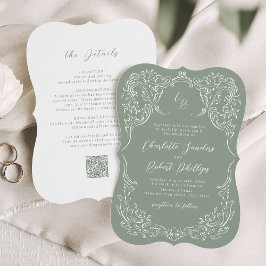 Sage Skisserad Vintage Flourish Monogram Bröllop Inbjudningar