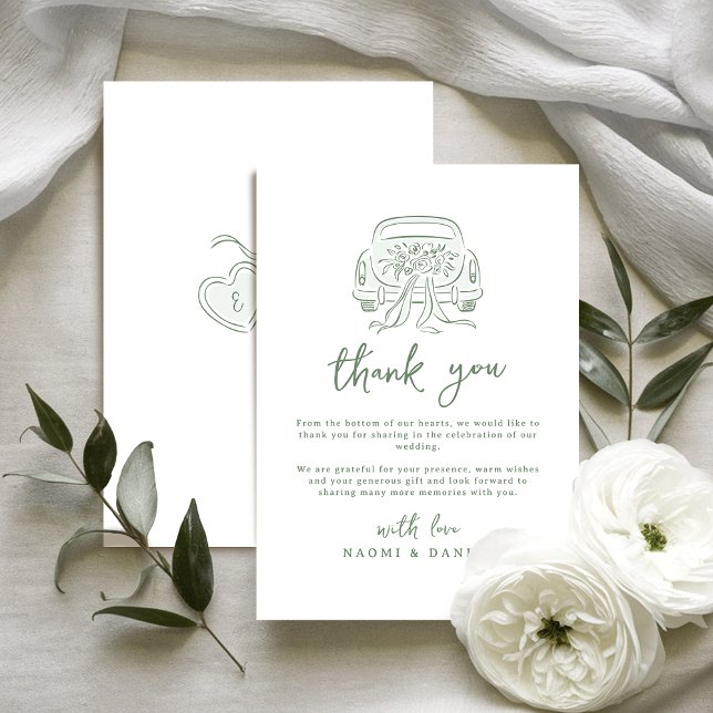 Sage Skisserat Nygifta Bil Par Monogram Tack Kort (Sage Sketched Just Married Car Couples Monogram Thank You Card)