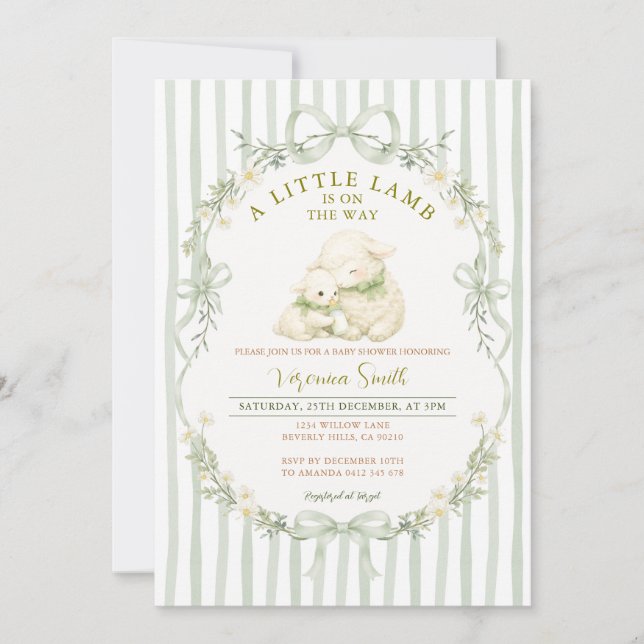 Sage Stripe Little Lamb Baby Shower Invitation Inbjudningar (Framsida)