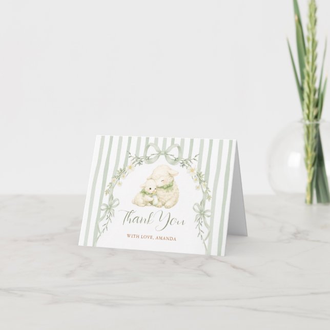 Sage Stripe Little Lamb Bow Baby Shower  Tack Kort (Framsida)