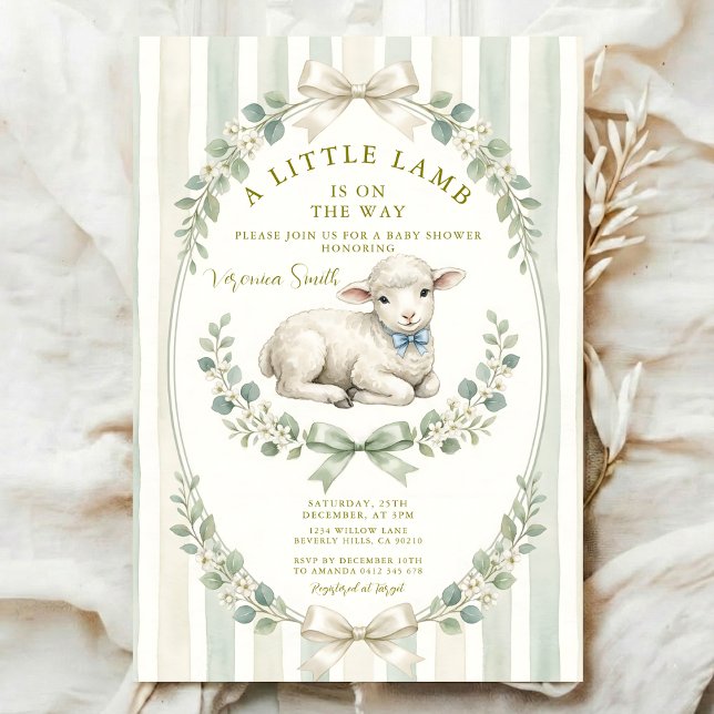 Sage Stripe Little watercolor Lamm Babyshower Inbjudningar (Skapare uppladdad)