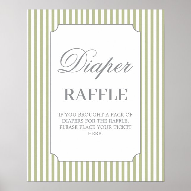 Sage Stripes Baby Shower Diaper Raffle Sign Poster (Framsidan)