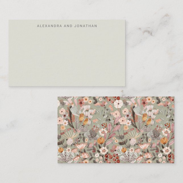 Sage Taupe-Blommigt Boho Anpassat namn Gift-hölje Anteckningskort (Fram/baksida)