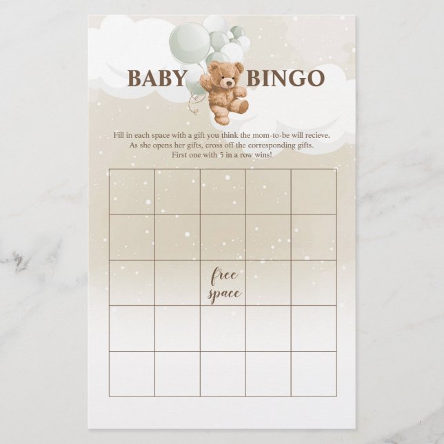 Sage Teddy Bear BINGO Baby Shower Spel Flyer (Framsidan)