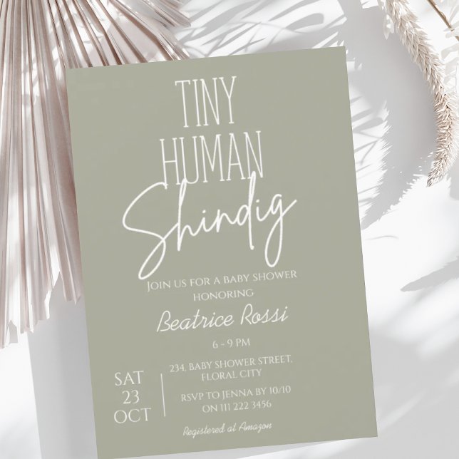 Sage Tiny Human Shindig Neutralt Modern Baby Showe Inbjudningar (Tiny Human Shindig Baby Shower Invitation)