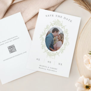 Sage Toile Blommigt Ram Photo QR-kod Bröllop Spara Datumet