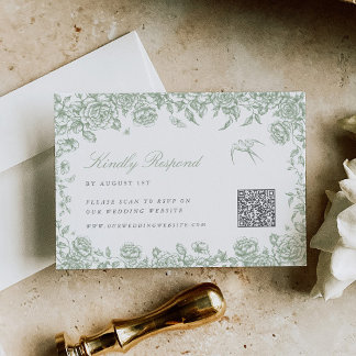 Sage Toile RSVP-kort med QR-kod Chinoiserie Fågel OSA Kort