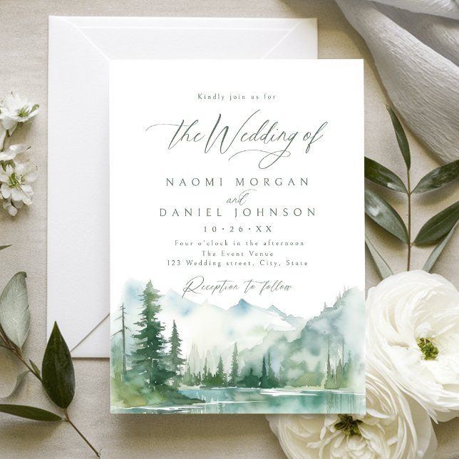 Sage Vattenfärg Berg Skog Rustik Bröllop Inbjudningar (Sage Watercolor Mountain Forest Rustic Wedding Invitation)