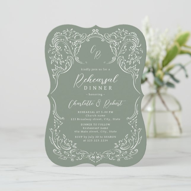 Sage Vintage Flourish Monogram Övningsmiddag Inbjudningar (Stående Fram)