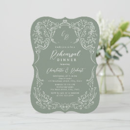Sage Vintage Flourish Monogram Rehearsal Middag Inbjudningar