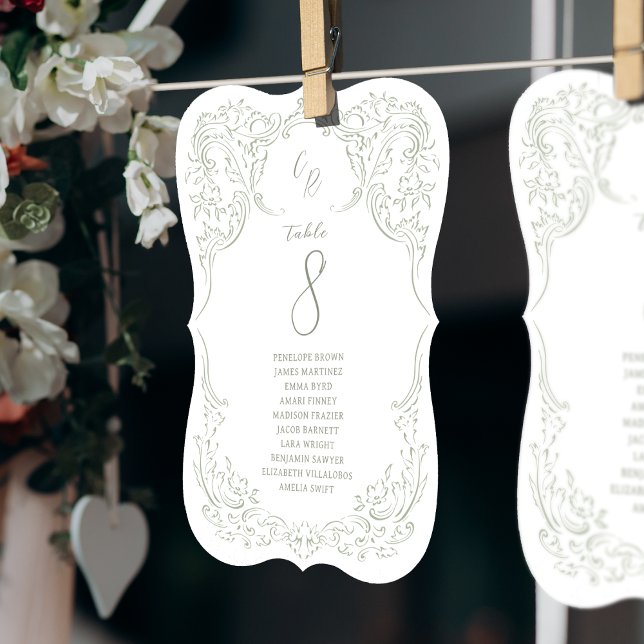 Sage Vintage Flourish Monogram sittkartor (Sage Vintage Flourish Monogram seating charts)