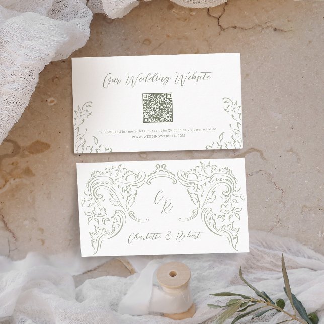 Sage Vintage Flourous QR-kodwebbplatskort Placeringskort (Sage Vintage Flourish QR code Website Card)