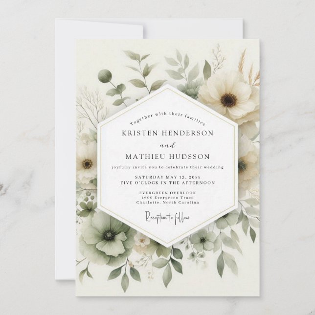 Sage Watercolor Anemone Wedding Inbjudningar (Framsida)