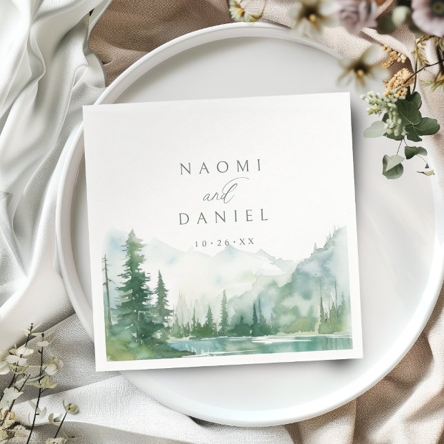 Sage Watercolor Bergskogs Rustika Bröllop Pappersservett (Sage Watercolor Mountain Forest Rustic Wedding Napkins)