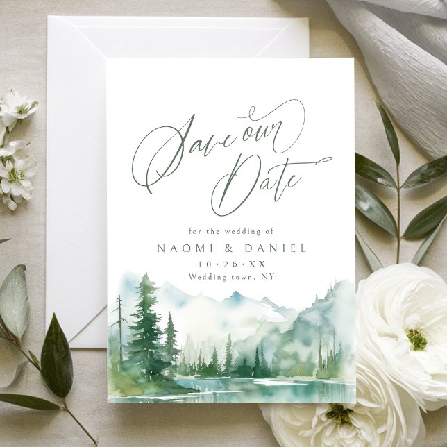 Sage Watercolor Bergsskog Rustik Bröllop Spara Datumet (Sage Watercolor Mountain Forest Rustic Wedding Save The Date)