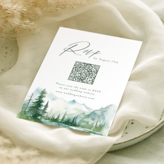 Sage Watercolor Bergsskog Rustik QR-kod OSA Kort (Sage Watercolor Mountain Forest Rustic QR code RSVP Card)