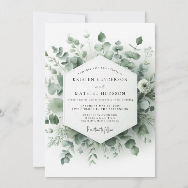Sage Watercolor Botanisk Bröllop Inbjudningar (Framsida)